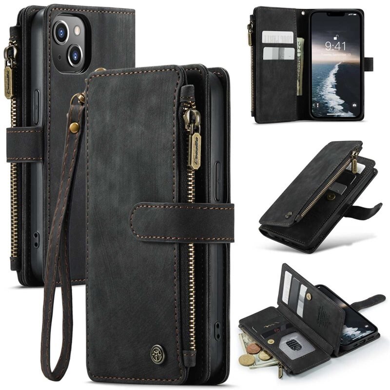 CaseMe Zipper Plånboksfodral iPhone 14 Svart - Mobilfodral med inbyggd plånbok, myntfack och sedelficka