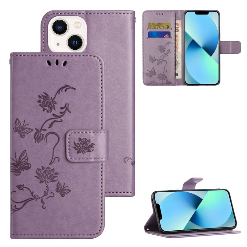 Läderfodral Fjärilar iPhone 14 Lila - Fint plånboksfodral med mönster