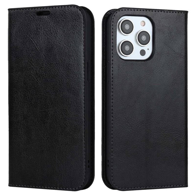 Mobilfodral Äkta Läder iPhone 14 Pro Svart - Tunt fodral med kortfack och ställfunktion