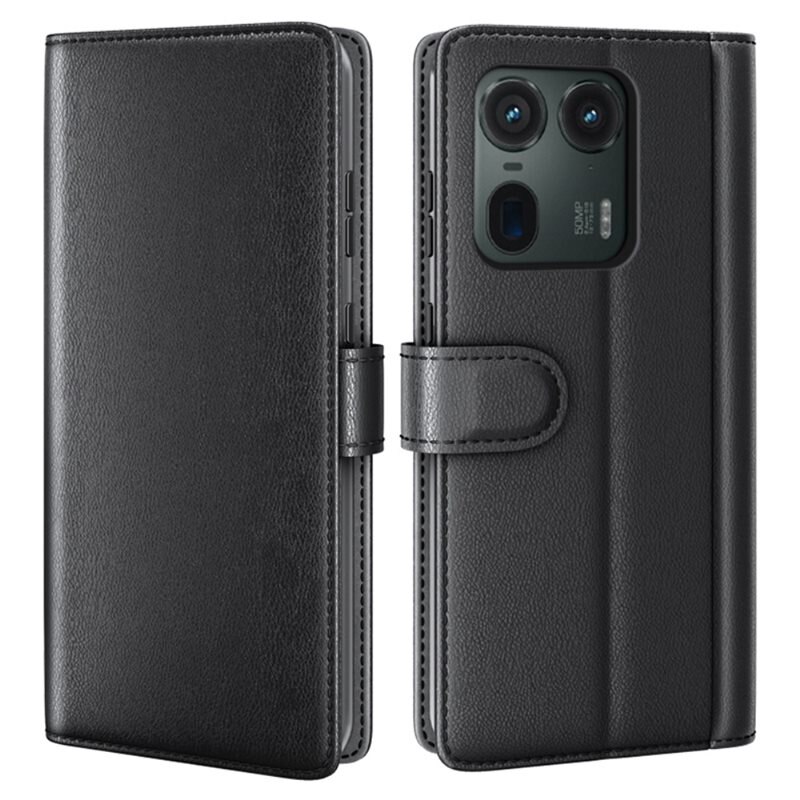 Äkta Läderfodral Motorola Moto G85 Svart - Stilrent plånboksfodral med plats för sedlar och kort