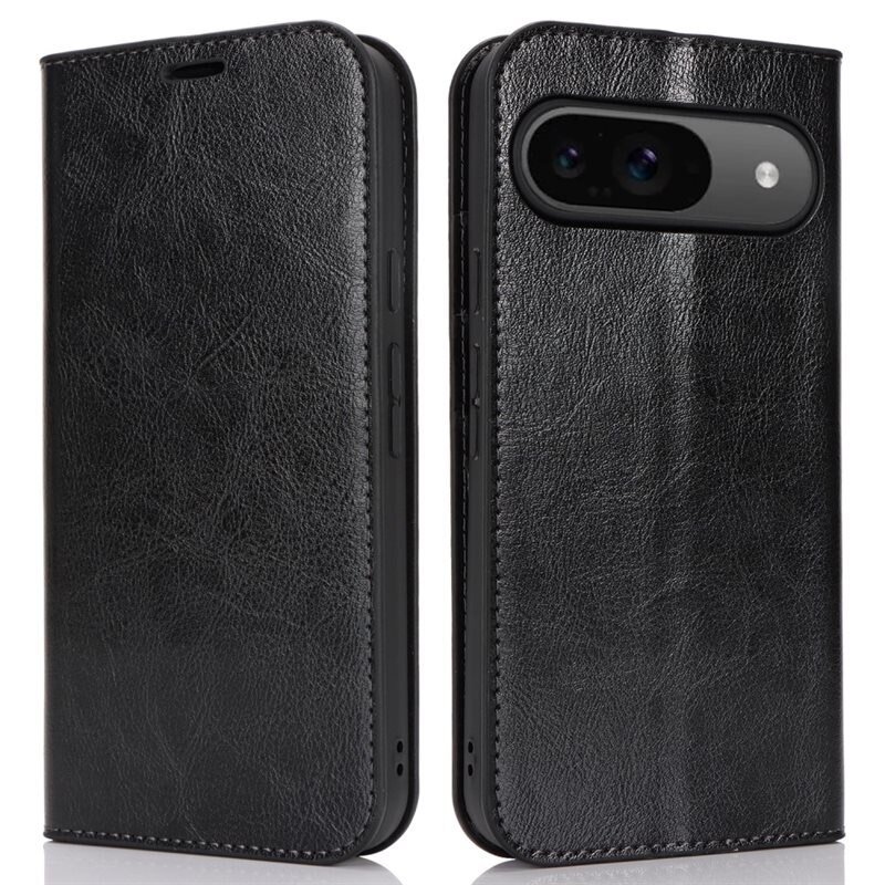 Mobilfodral Äkta Läder Google Pixel 9 Pro Svart - Tunt fodral med kortfack och ställfunktion
