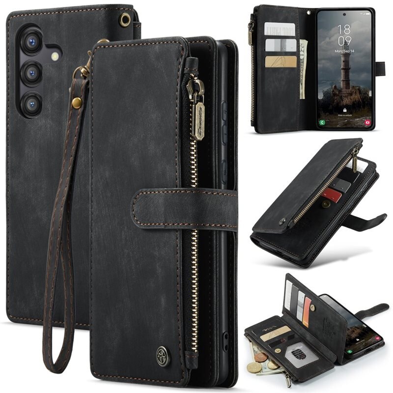 CaseMe Zipper Plånboksfodral Samsung Galaxy A55 Svart - Mobilfodral med inbyggd plånbok, myntfack och sedelficka