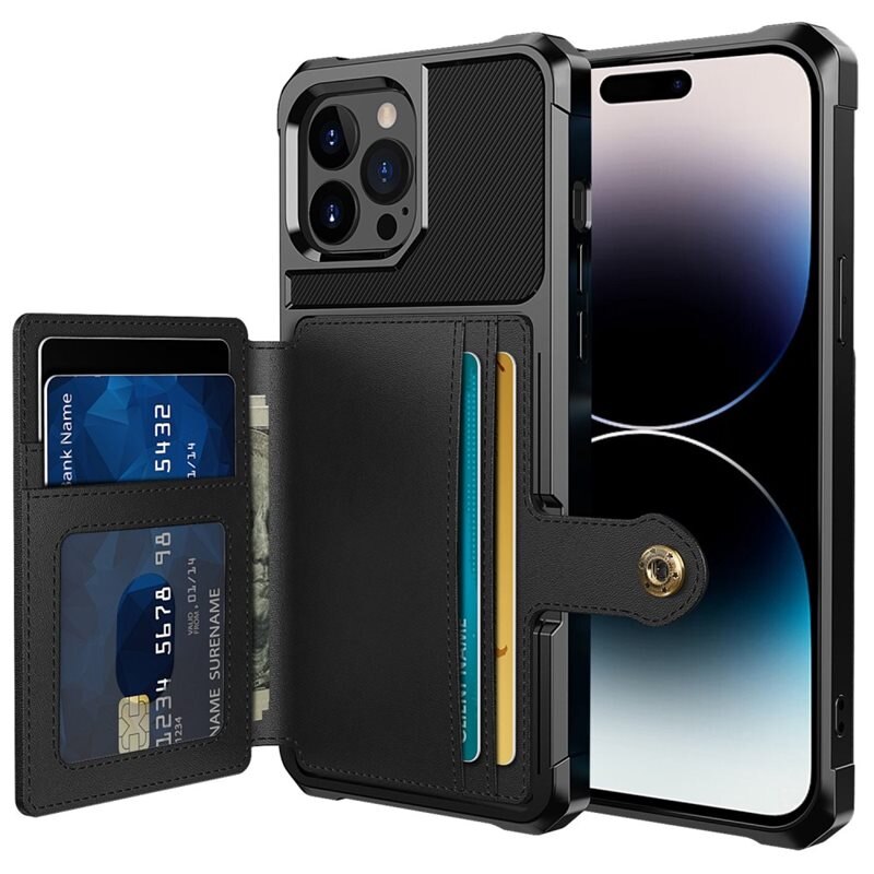Tough Multi-slot Skal iPhone 14 Pro Max Svart - Mobilskal med praktisk plånboksfunktion - Sedelficka - Korthållare