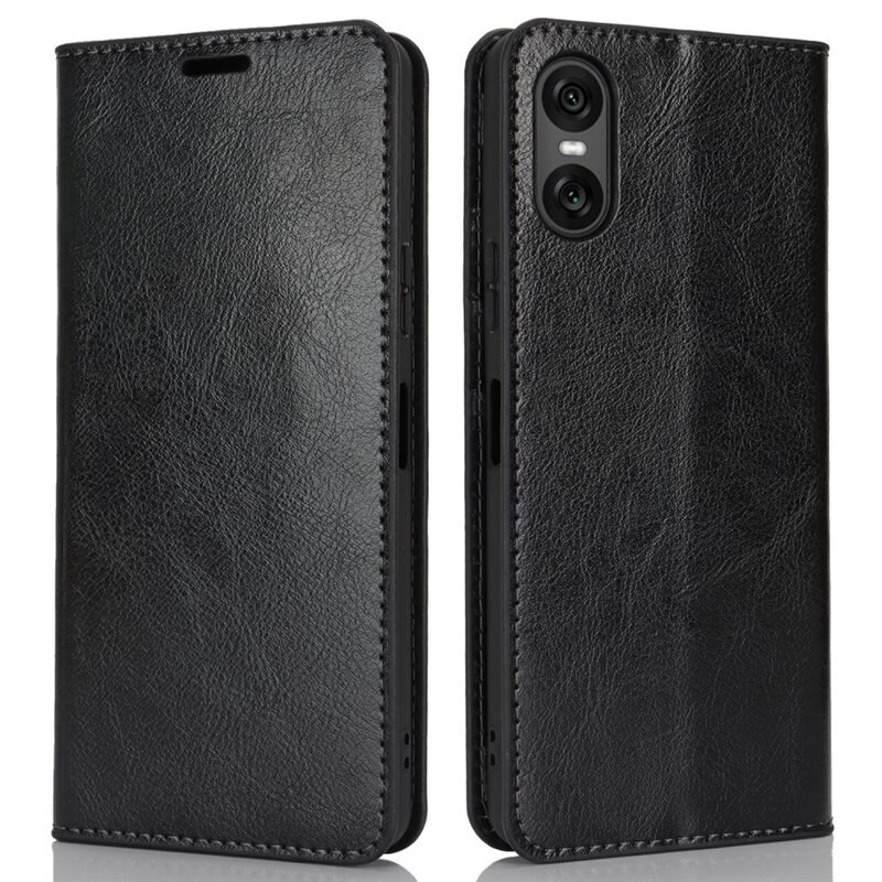 Mobilfodral Äkta Läder Sony Xperia 1 VII Svart - Tunt fodral med kortfack och ställfunktion