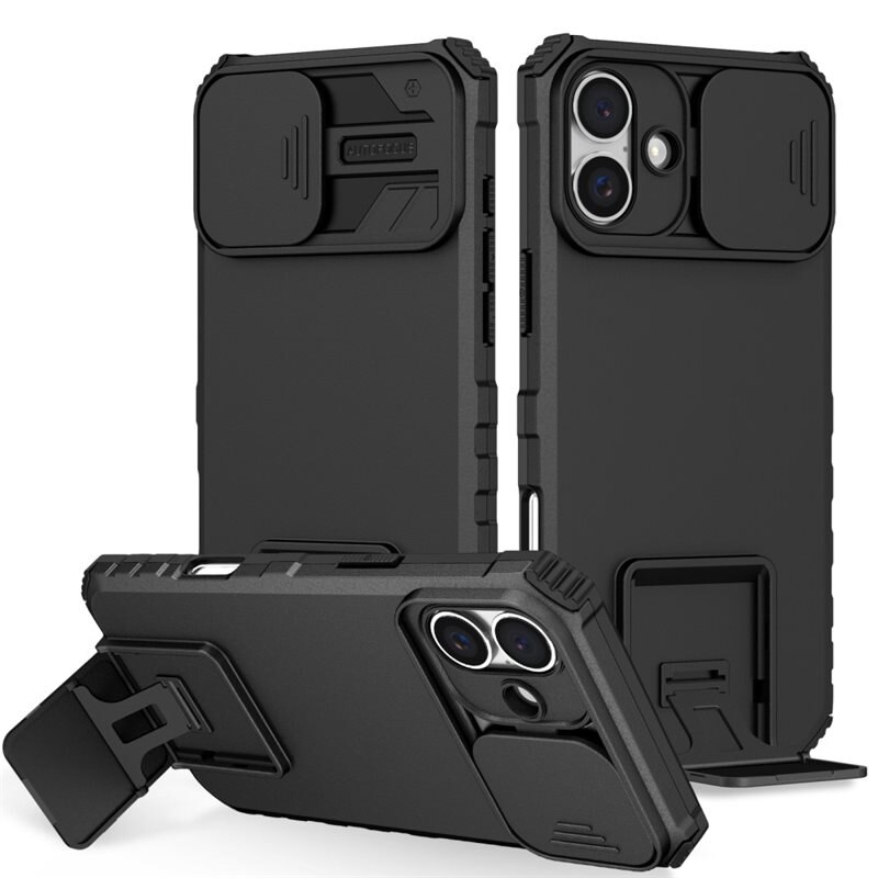 iPhone 16 Kickstand Skal Kameraskydd Svart - Kameralucka utfällbart stöd