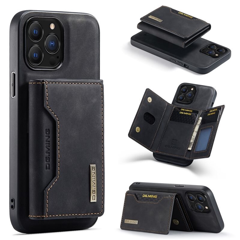 DG.MING Magnetic Card Slot Case iPhone 16 Pro Black - Stilrent läderskal med avtagbar plånbok och stativfunktion
