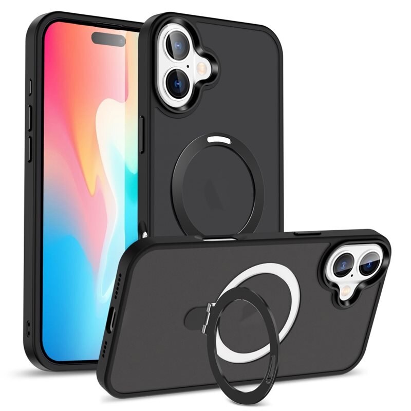 Hybridskal MagSafe Ring iPhone 16 Svart - Snyggt skal med utfällbar magnetisk ring