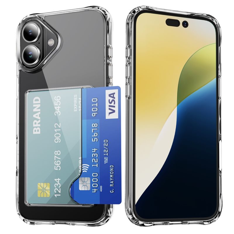Hybridskal Kortfack iPhone 16 Genomskinlig - Skal kortförvaring genomskinligt