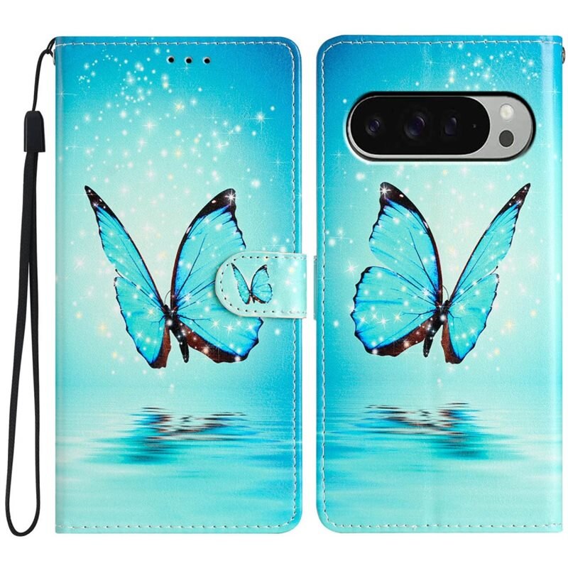 Mobilfodral Google Pixel 9 Pro blå fjärilar - Plånboksfodral