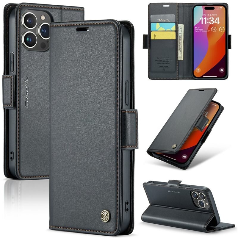 CaseMe Slim Plånboksfodral RFID-skydd iPhone 16 Pro Svart - Tunt mobilfodral med plånbok och RFID-skydd