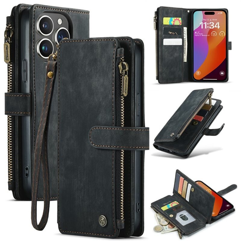 CaseMe Zipper Plånboksfodral iPhone 16 Pro Max Svart - Mobilfodral med inbyggd plånbok, myntfack och sedelficka