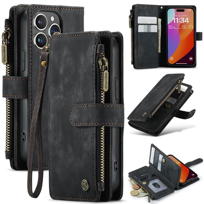 CaseMe Zipper Plånboksfodral iPhone 16 Pro Svart - Mobilfodral med inbyggd plånbok, myntfack och sedelficka