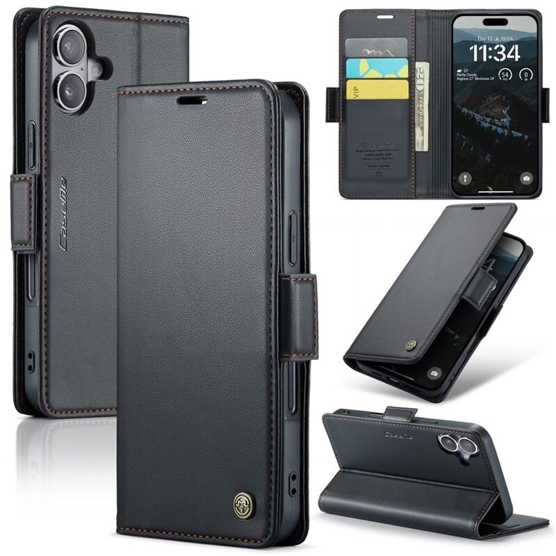 CaseMe Slim Plånboksfodral RFID-skydd iPhone 16 Plus Svart - Tunt mobilfodral med plånbok och RFID-skydd