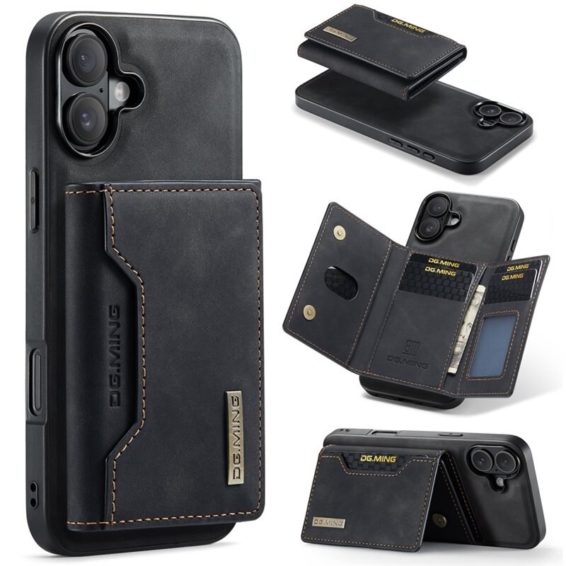 DG.MING Magnetic Card Slot Case iPhone 16 Svart - Stilrent läderskal med avtagbar plånbok och stativfunktion