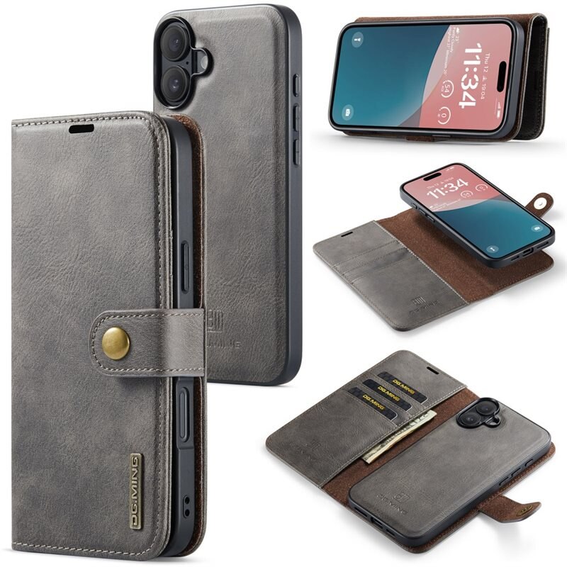 DG.MING Magnet Wallet iPhone 16 Brown - Stilrent läderfodral med avtagbart magnetiskt skal