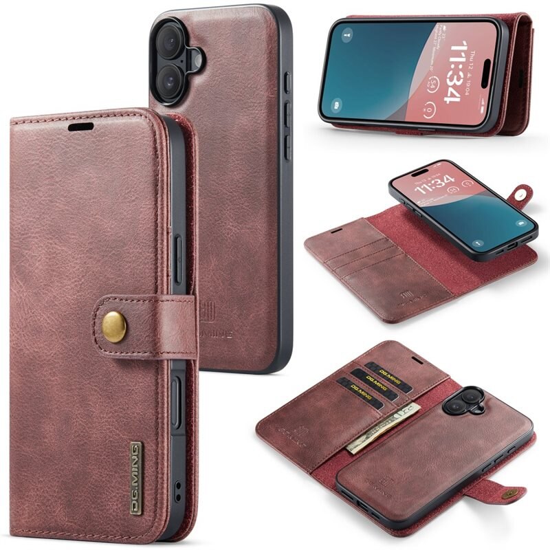 DG.MING Magnet Wallet iPhone 16 Red - Stilrent läderfodral med avtagbart magnetiskt skal