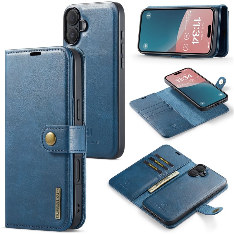 DG.MING Magnet Wallet iPhone 16 Blue - Stilrent läderfodral med avtagbart magnetiskt skal