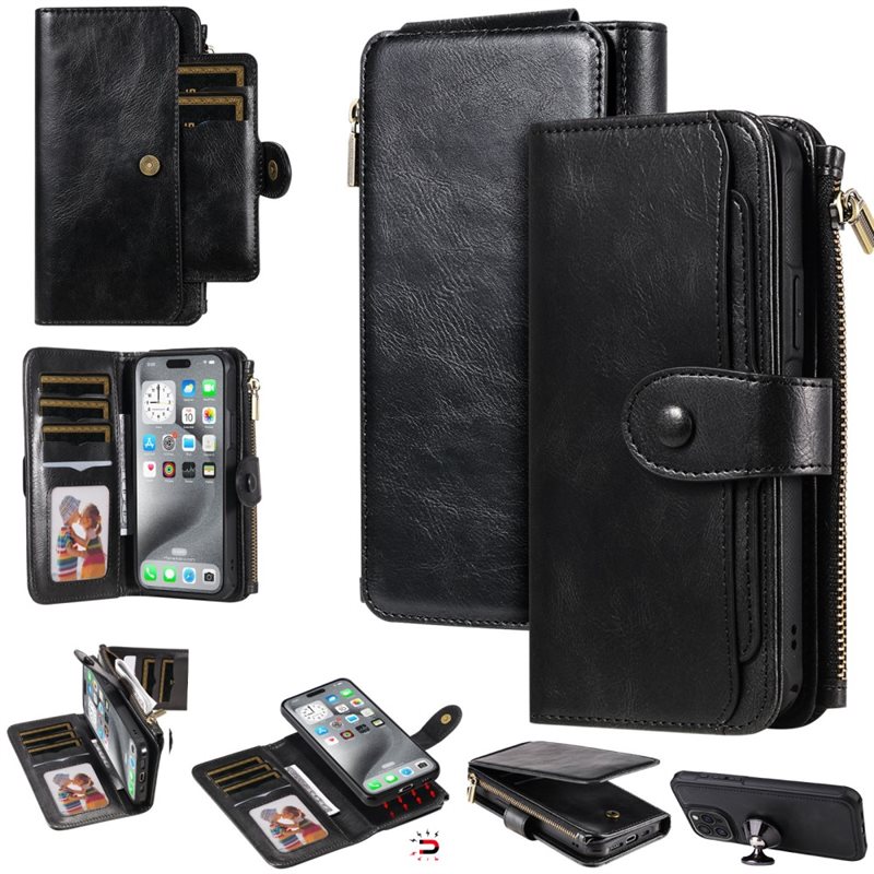 Magnet Leather Multi-Wallet iPhone 16 Pro Max svart - Plånboksfodral med avtagbart skal