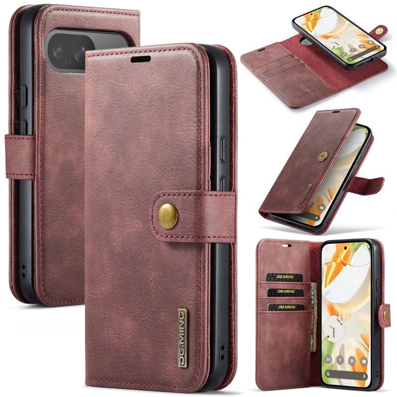 DG.MING Magnet Wallet Google Pixel 9 Pro Red - Stilrent läderfodral med avtagbart magnetiskt skal