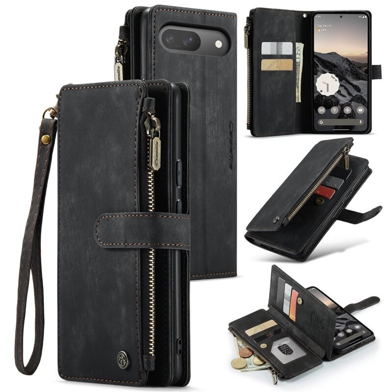 CaseMe Zipper Plånboksfodral Google Pixel 10 Svart - Mobilfodral med inbyggd plånbok, myntfack och sedelficka