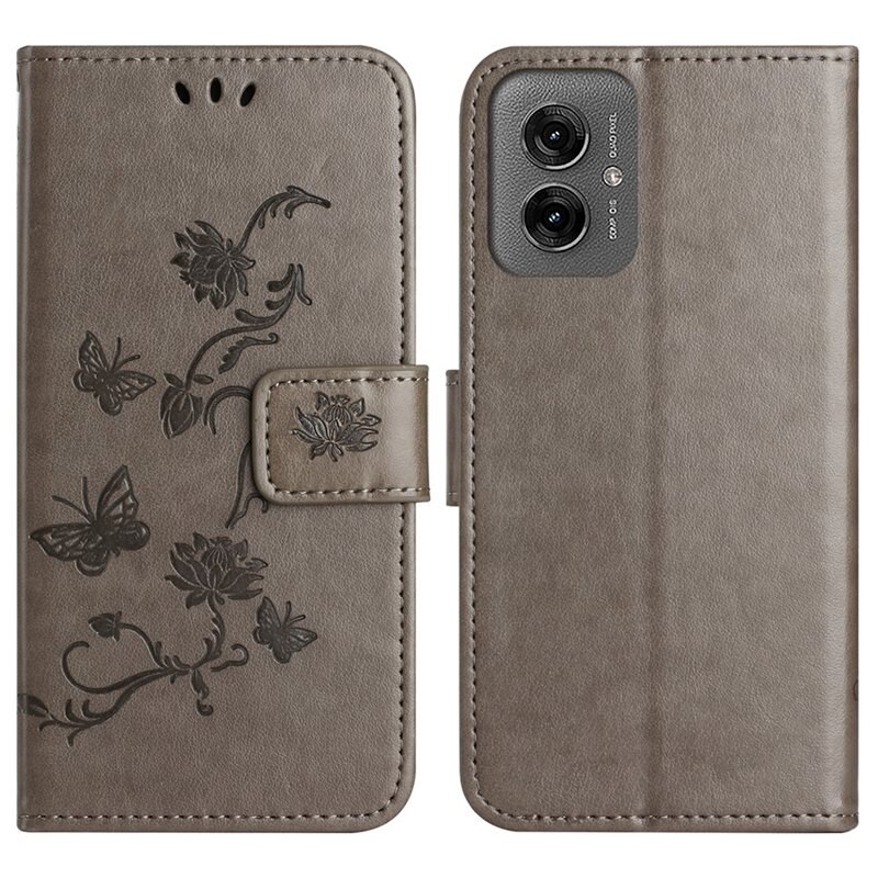 Läderfodral Fjärilar Motorola Moto G55 Grå - Fint plånboksfodral med mönster