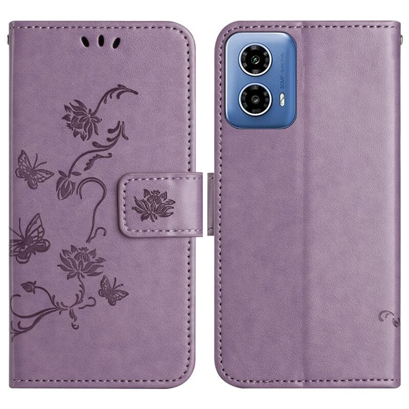 Läderfodral Fjärilar Motorola Moto G35 Lila - Fint plånboksfodral med mönster