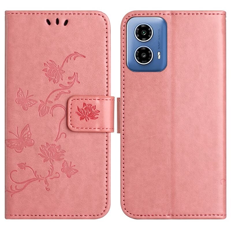 Läderfodral Fjärilar Motorola Moto G35 Rosa - Fint plånboksfodral med mönster