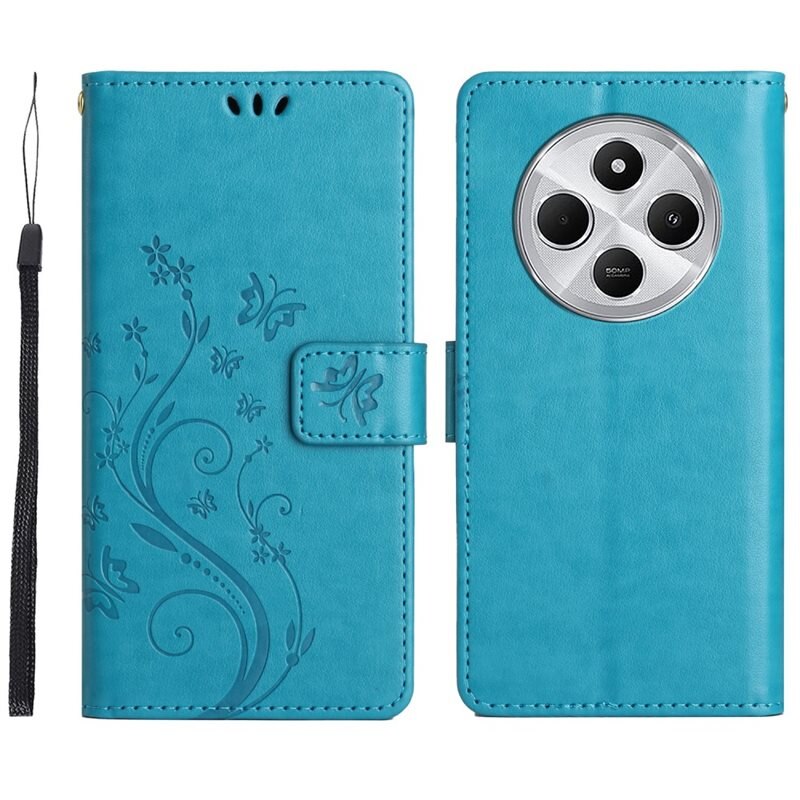 Läderfodral Fjärilar Xiaomi Redmi 14C Blå - Fint plånboksfodral med mönster
