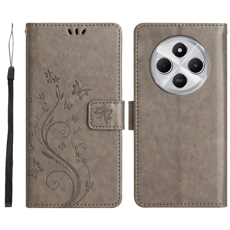Läderfodral Fjärilar Xiaomi Redmi 14C Grå - Fint plånboksfodral med mönster