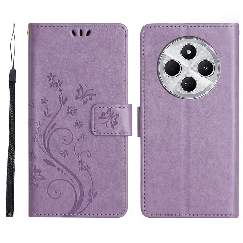 Läderfodral Fjärilar Xiaomi Redmi 14C Lila - Fint plånboksfodral med mönster