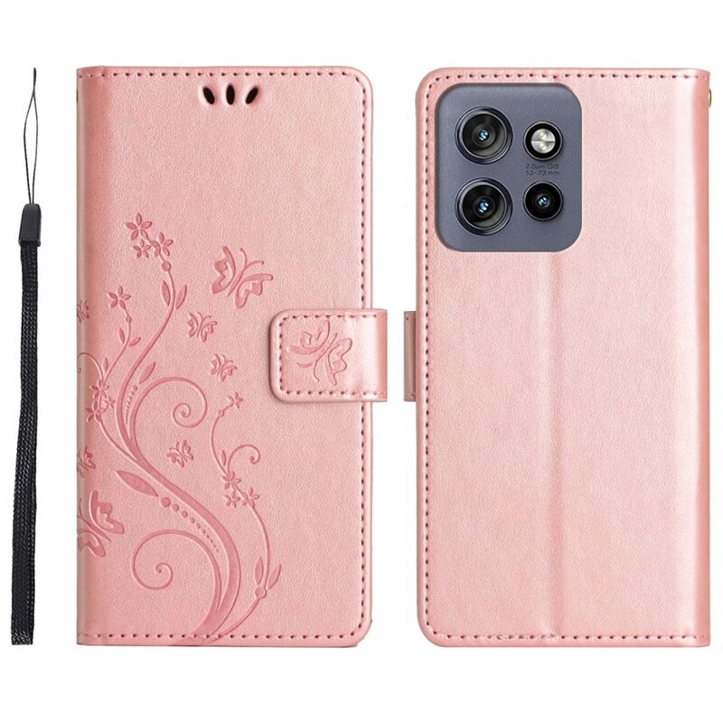 Läderfodral Fjärilar Motorola Edge 50 Neo Roséguld - Fint plånboksfodral med mönster