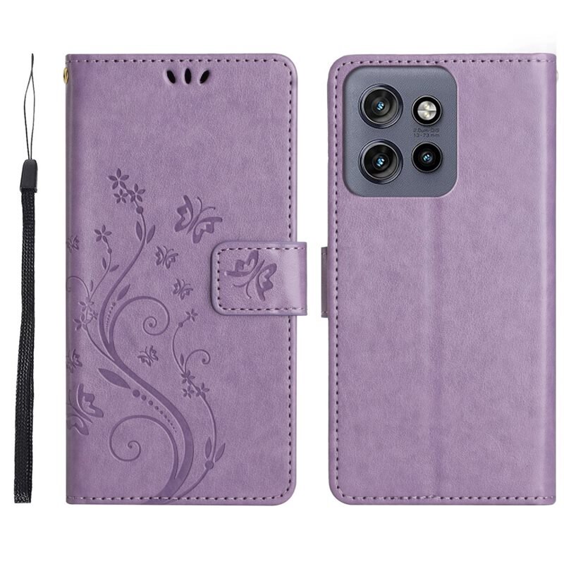 Läderfodral Fjärilar Motorola Edge 50 Neo Lila - Fint plånboksfodral med mönster