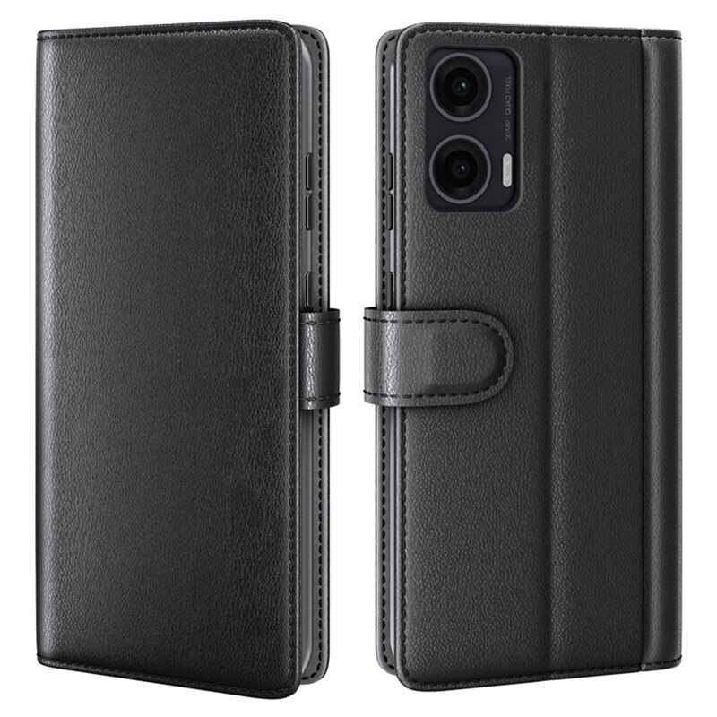 Äkta Läderfodral Motorola Moto G35 Svart - Stilrent plånboksfodral med plats för sedlar och kort