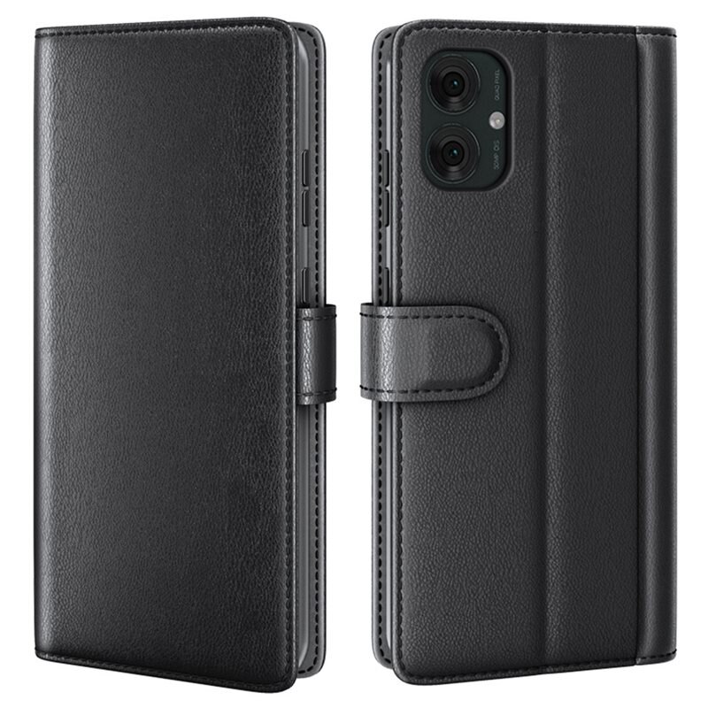 Äkta Läderfodral Motorola Moto G55 Svart - Stilrent plånboksfodral med plats för sedlar och kort