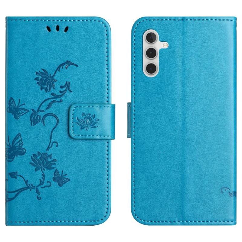 Läderfodral Fjärilar Samsung Galaxy A56 Blå - Fint plånboksfodral med mönster