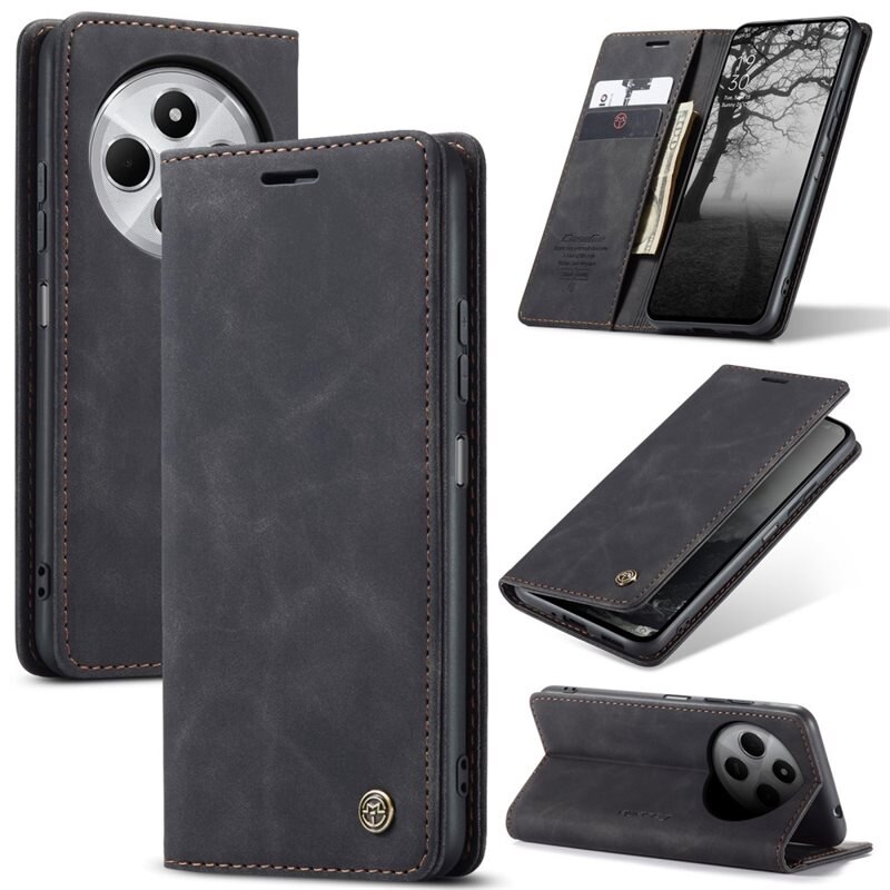 CaseMe Slim Plånboksfodral Xiaomi Redmi 14C Svart - Tunt mobilfodral med plånbok