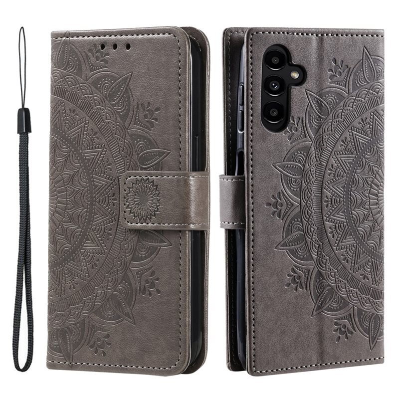 Läderfodral Mandala Samsung Galaxy A56 grå - Mobilväska Dam - Mobilfodral