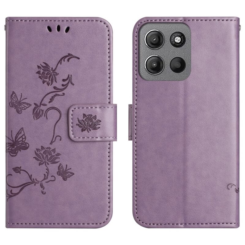 Läderfodral Fjärilar Motorola Moto G15 Power Lila - Fint plånboksfodral med mönster