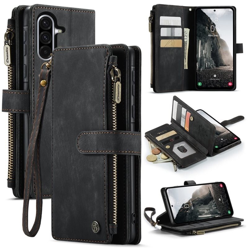 CaseMe Zipper Plånboksfodral Samsung Galaxy A56 Svart - Mobilfodral med inbyggd plånbok, myntfack och sedelficka