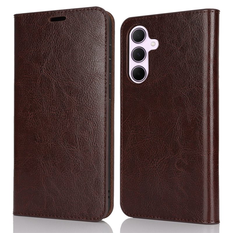 Mobilfodral Äkta Läder Samsung Galaxy A36 Mörkbrun - Tunt fodral med kortfack och ställfunktion