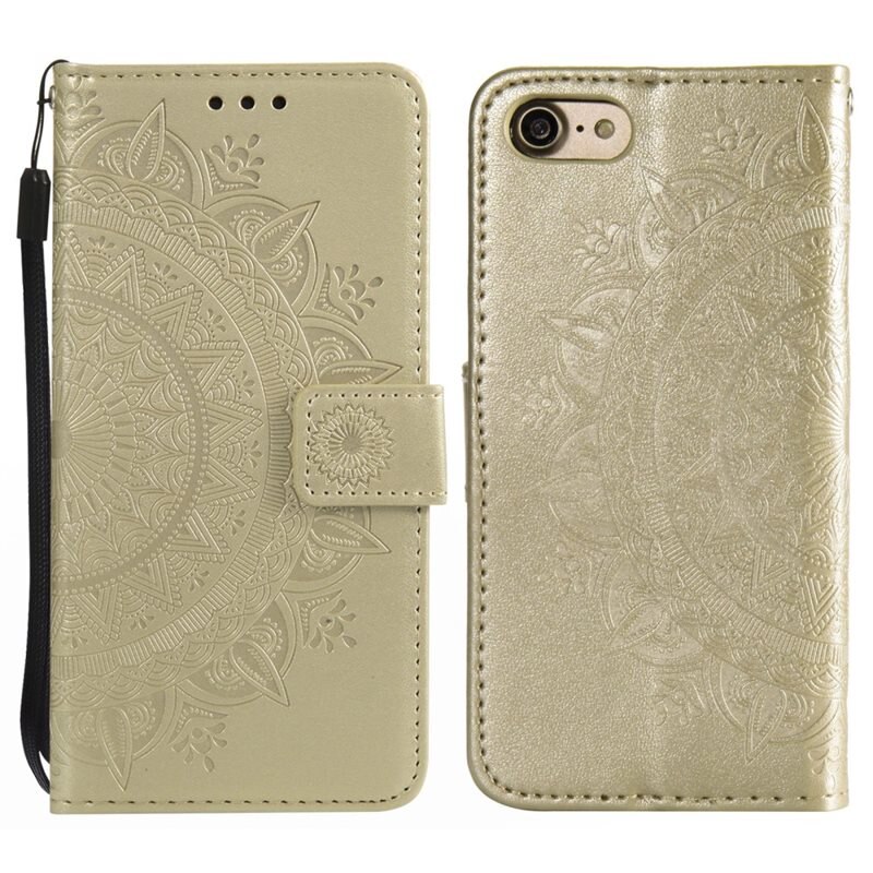 Läderfodral Mandala iPhone 16e Guld - Mobilväska Dam - Mobilfodral