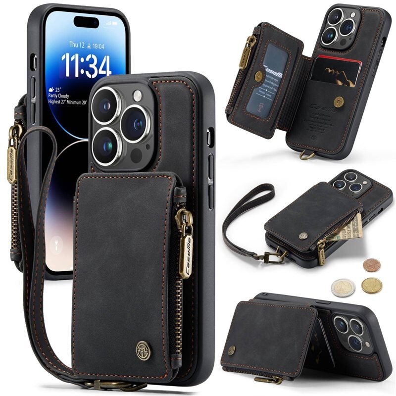CaseMe Multi-slot Skal iPhone 14 Pro svart - Mobilskal med inbyggd plånbok och sedelficka