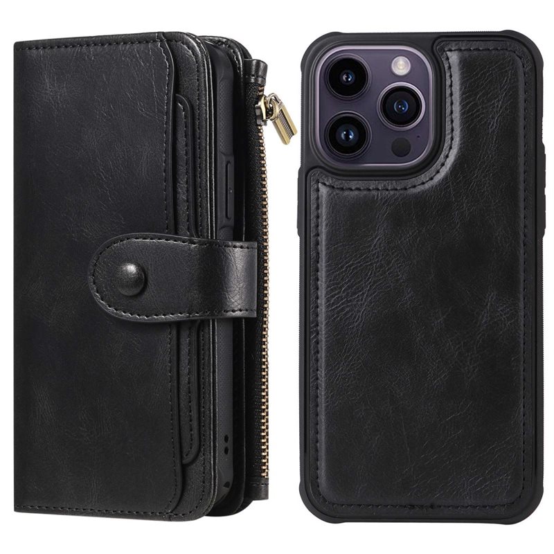 Magnet Leather Multi-Wallet iPhone 14 Pro Max svart - Plånboksfodral med avtagbart skal