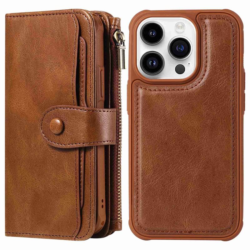 Magnet Leather Multi-Wallet iPhone 14 Pro brun - Plånboksfodral med avtagbart skal