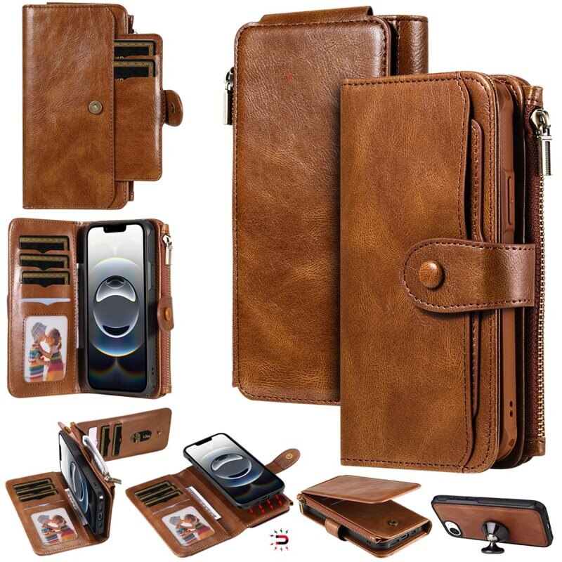 Magnet Leather Multi-Wallet iPhone 16e Brun - Plånboksfodral med avtagbart skal