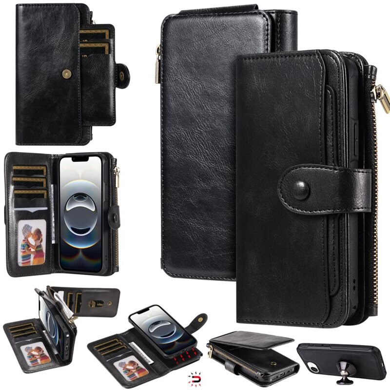 Magnet Leather Multi-Wallet iPhone 16e svart - Plånboksfodral med avtagbart skal