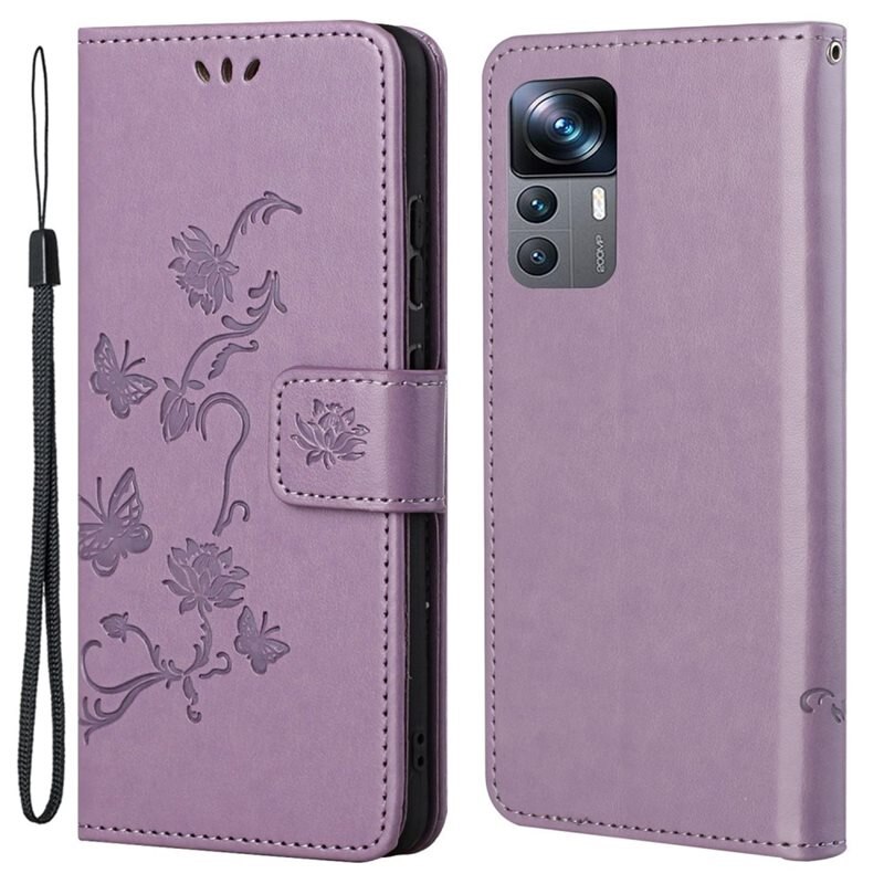 Läderfodral Fjärilar Xiaomi 12T/12T Pro Lila - Fint plånboksfodral med mönster