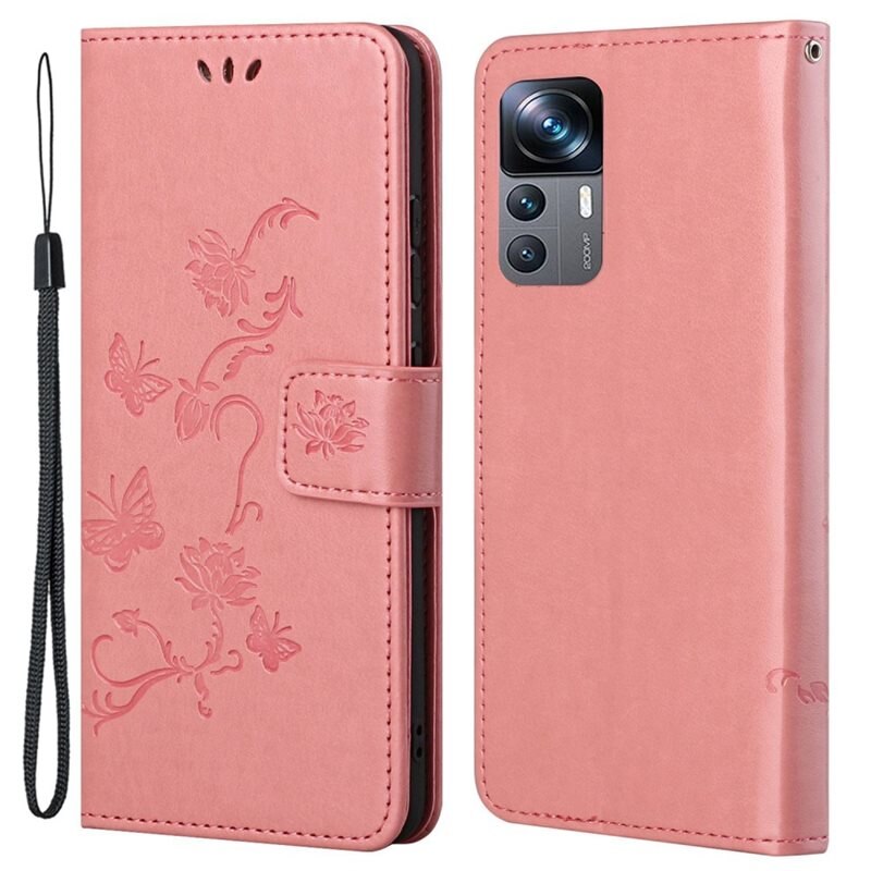 Läderfodral Fjärilar Xiaomi 12T/12T Pro Rosa - Fint plånboksfodral med mönster