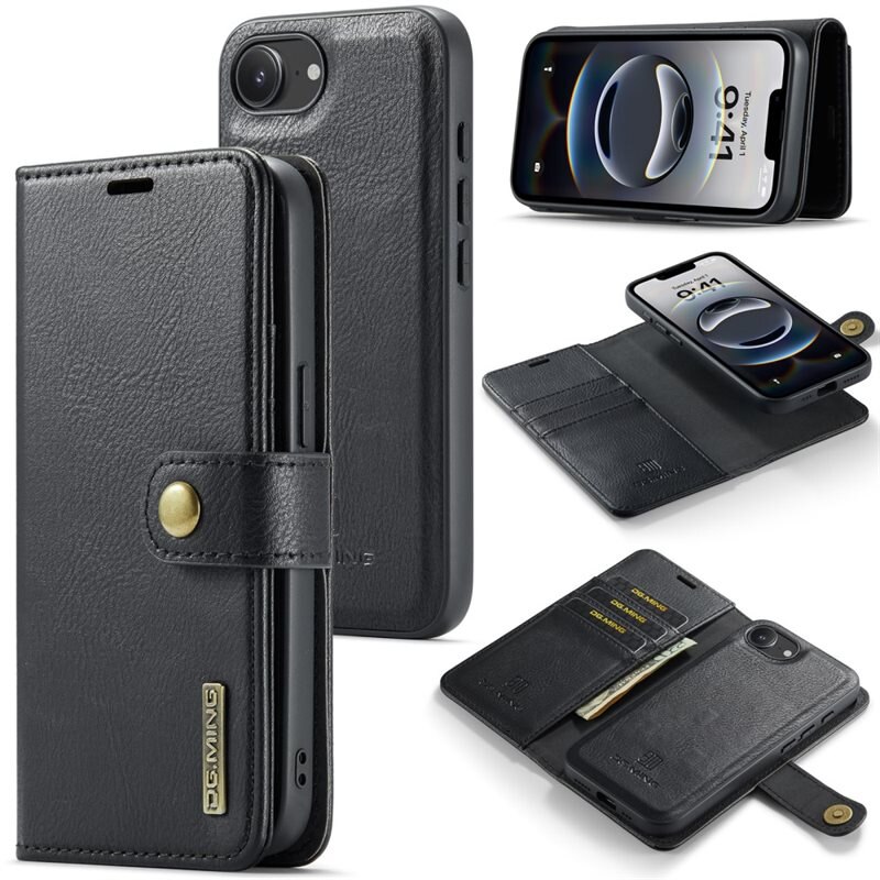 DG.MING Magnet Wallet iPhone 16e Black - Stilrent läderfodral med avtagbart magnetiskt skal