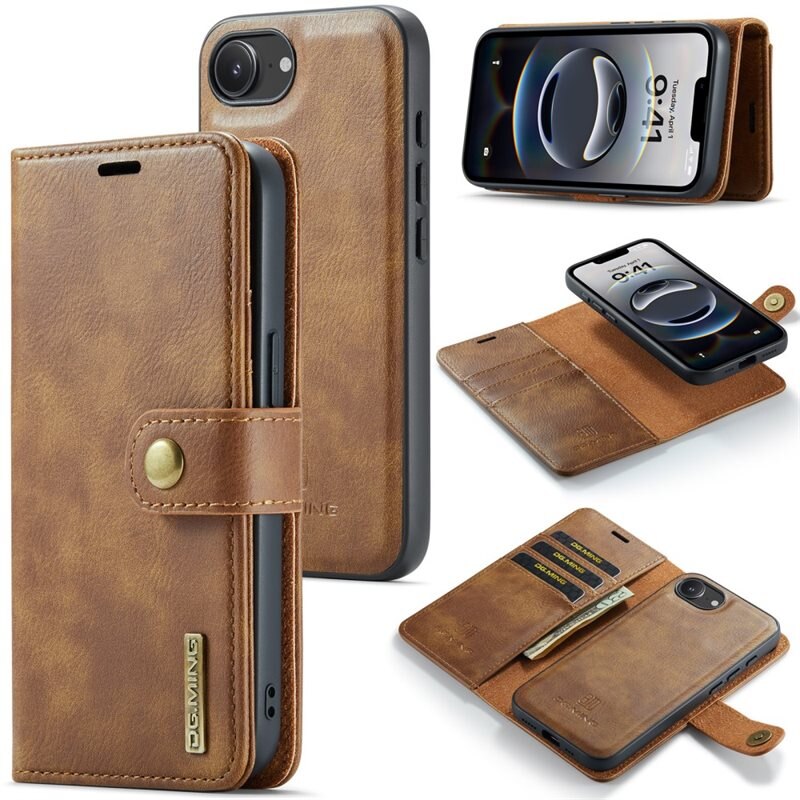DG.MING Magnet Wallet iPhone 16e Cognac - Stilrent läderfodral med avtagbart magnetiskt skal